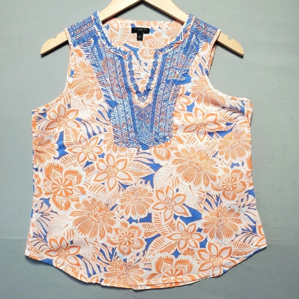 Talbots Petites Embroidered Floral Top Women SP Orange Blue Tropical Boho Resort